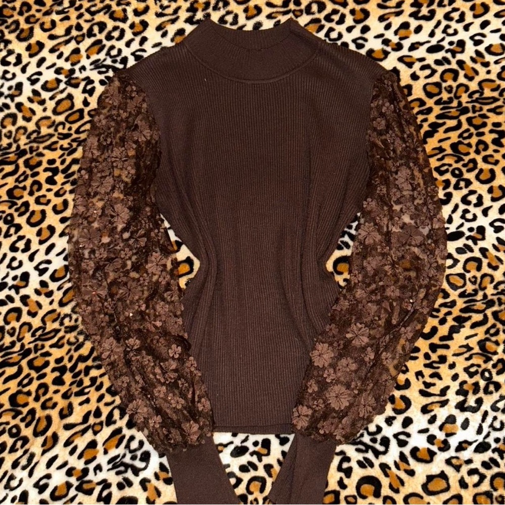Ribbed Mocha Brown Mock Turtleneck Sweater with Sheer Floral Lace Sleeves